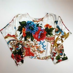 Moa Moa Floral Tunic Sz M Blue Red Gold Wide Sleeves Satin Top